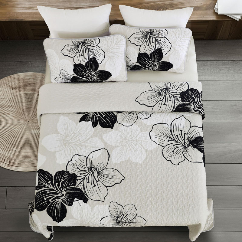 Ensemble de courtepointe à motif floral 3 pièces avec taies décoratives, Courtepointe très grand et 2 très grandes taies