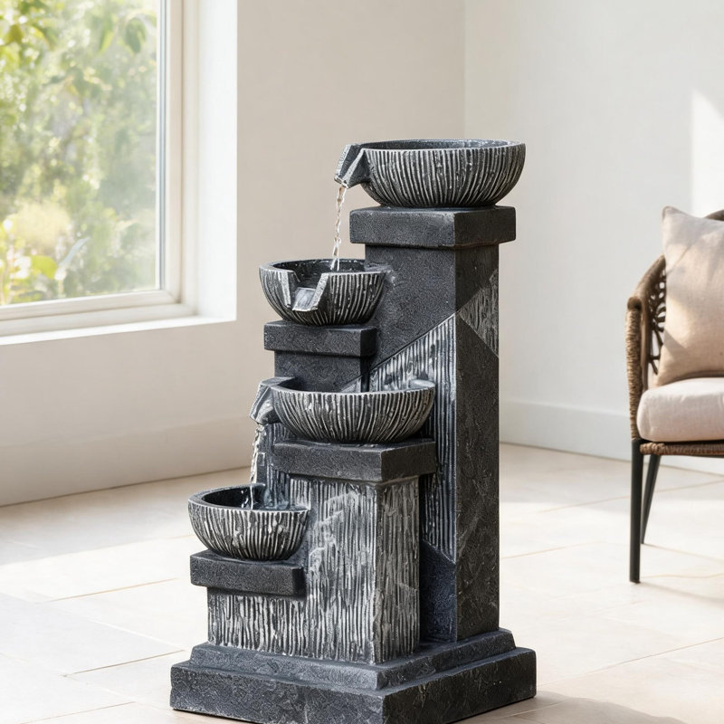 Tiered Resin Cascading Bowls Outdoor Fountain with LED Lights and Pump, Cool Gray