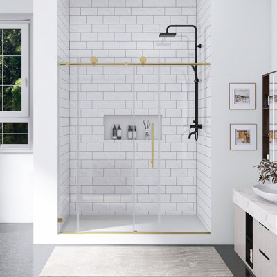 55-60 In. W × 76 In. H Frameless One Fixed And One Shifted Shower Door  In Brushed Gold | 5/16" 8MM Tempered Glass With Stick Explosion-Proof Menbrance |  70MM 304 Stainless Steel Large Pulleys With Adjustable Soft Closing Function