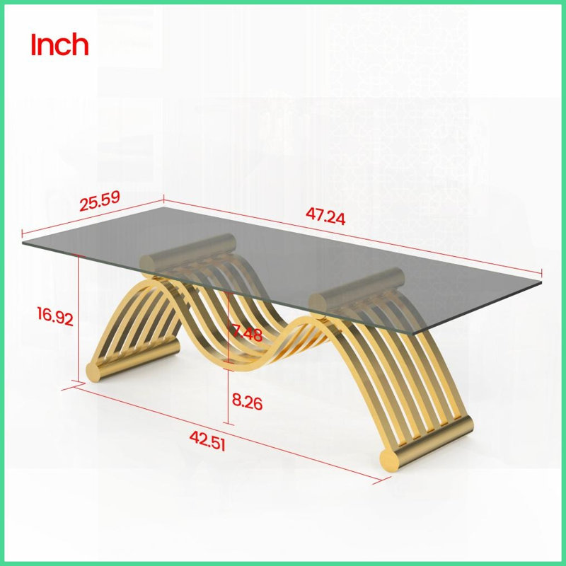 Table basse rectangulaire 47 po en acier inoxydable doré - plateau en verre trempé ondulé, tablette de rangement inférieure et facile à nettoyer