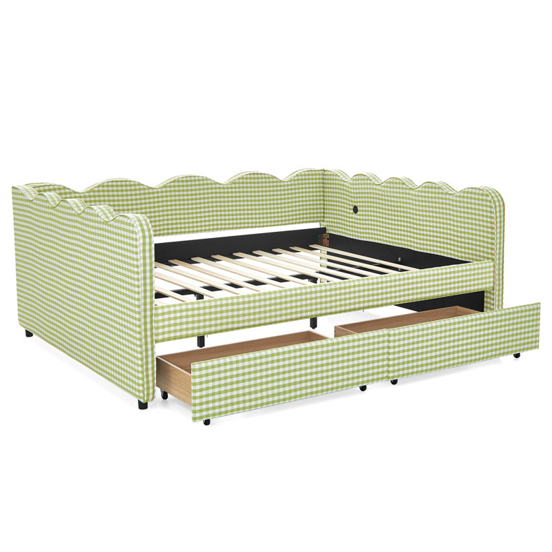Queen Size Cozy Gingham Daybed With Two Storage Drawers, With USB Port And Adorable Wave Shaped, Linen Fabric, Queen, Green