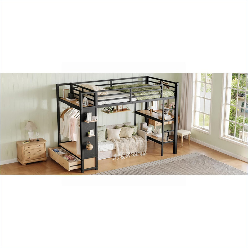 Structure de lit mezzanine en métal et panneau de fibres à densité moyenne pour dortoir et petite chambre à coucher avec lit simple TG noir profond avec rangement intégré et panneau perforé