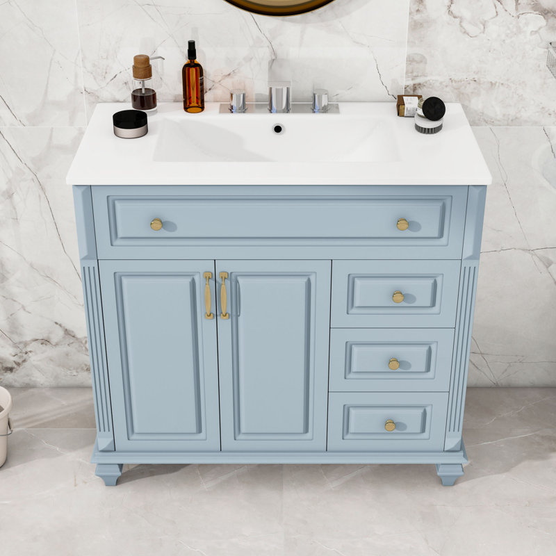 Meuble-lavabo avec lavabo en céramique, 4 tiroirs et tablette réglable pour le rangement de la salle de bain, Bleu gris