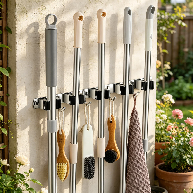 Support mural pour balai et vadrouille robuste avec 5 supports et 4 crochets, organisateur d'outils en acier inoxydable pour le garage, la salle de lavage, la cuisine et le jardin