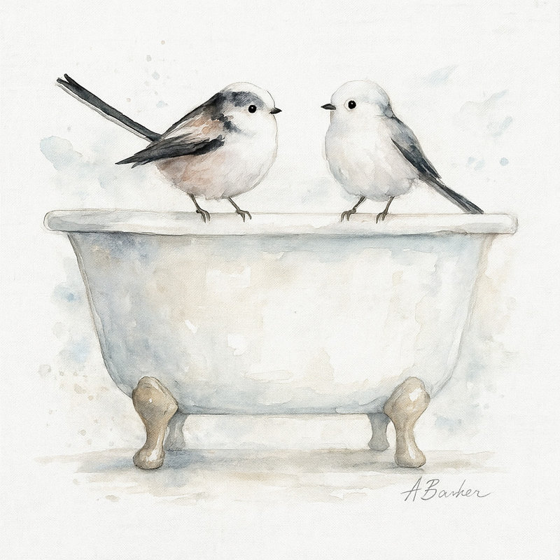 Reproduction sur toile tendue, "Tweeter & Tidy - Bath Time Birds", H 20 po x l 20 po
