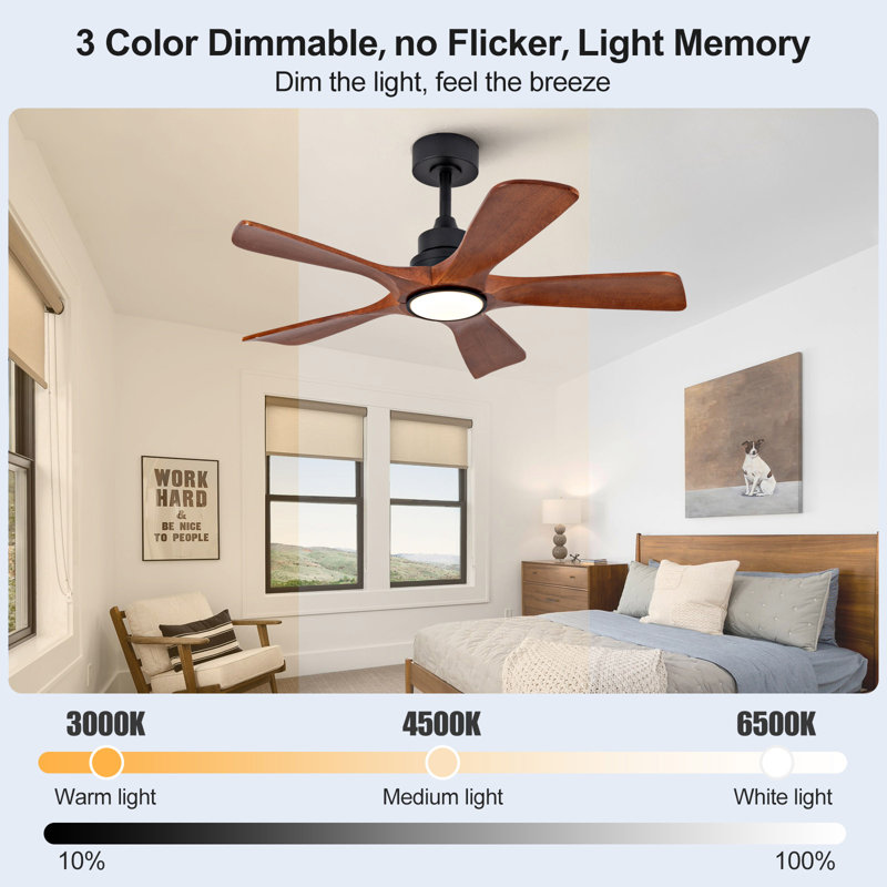 Ventilateurs de plafond de 42 pouces avec lumières et télécommande, ventilateur de plafond extérieur pour patio, ventilateur de plafond noir avec lumières pour chambre à coucher, moteur à courant continu silencieux, 5 pales en bois massif à intensité variable