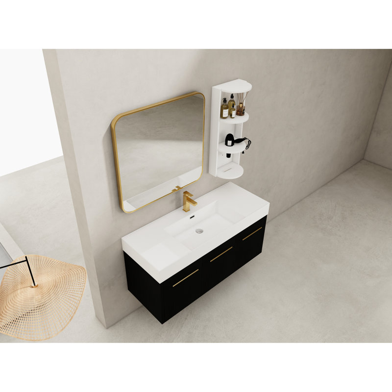 Meuble-lavabo mural de 122 cm (48 po) en châtaignier noir avec lavabo et tablette de rangement, charnières à fermeture douce, tablette de rangement, lavabo en résine épaisse, style moderne.
