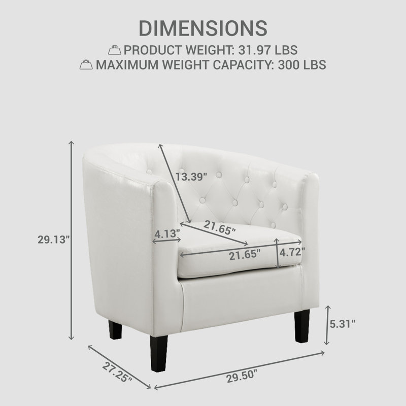 Tianny Tufted Accent Chair, Upholstered Barrel Chair, Faux Leather Accent Barrel Chair, Small Chairs, White Faux Leather