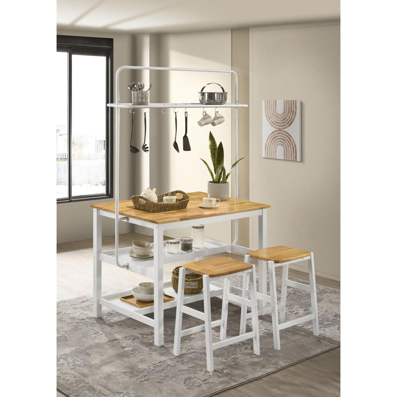 Hollis Brown/White 3-Piece Kitchen Island Counter Height Table with Stools