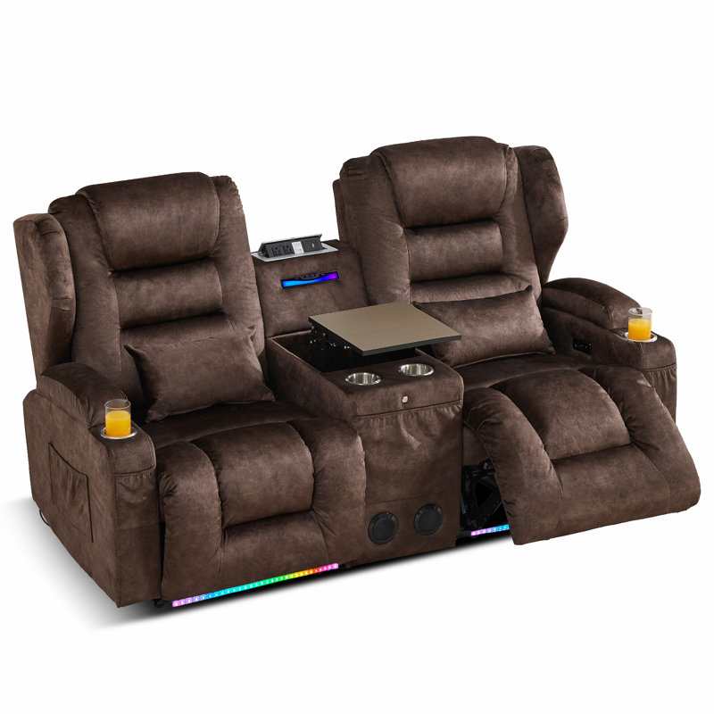 Canapé inclinable électrique Loveseat, canapé inclinable en velours avec console, siège de cinéma extra large, Velours brun