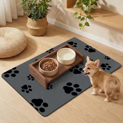 Absorbent Dark Grey Dog Food Mat 18"x30", Quick-Dry Cat Bowl Mat for Water, No Stains, Footprint Design for Messy Drinkers