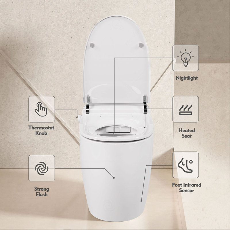 Toilette intelligente à siège chauffant, toilette monobloc, toilette à réservoir automatique sans bidet, avec chasse d'eau à capteur de pied, veilleuse blanche, commande à bouton, chasse d'eau en cas de panne de courant, couvercle à fermeture en douceur
