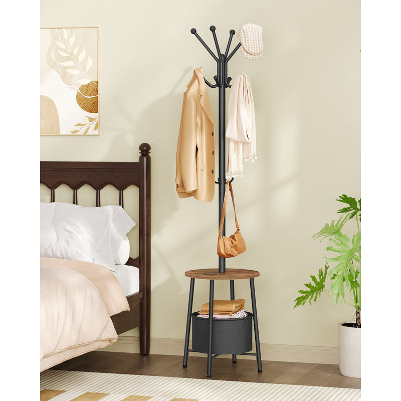 Coat Rack, Coat Stand with 12 Hooks for Small Space, Coats Tree with Large Storage Basket and 1 Shelf for Bag Jacket Hats, Hallway, Living Room, Bedroom, Office