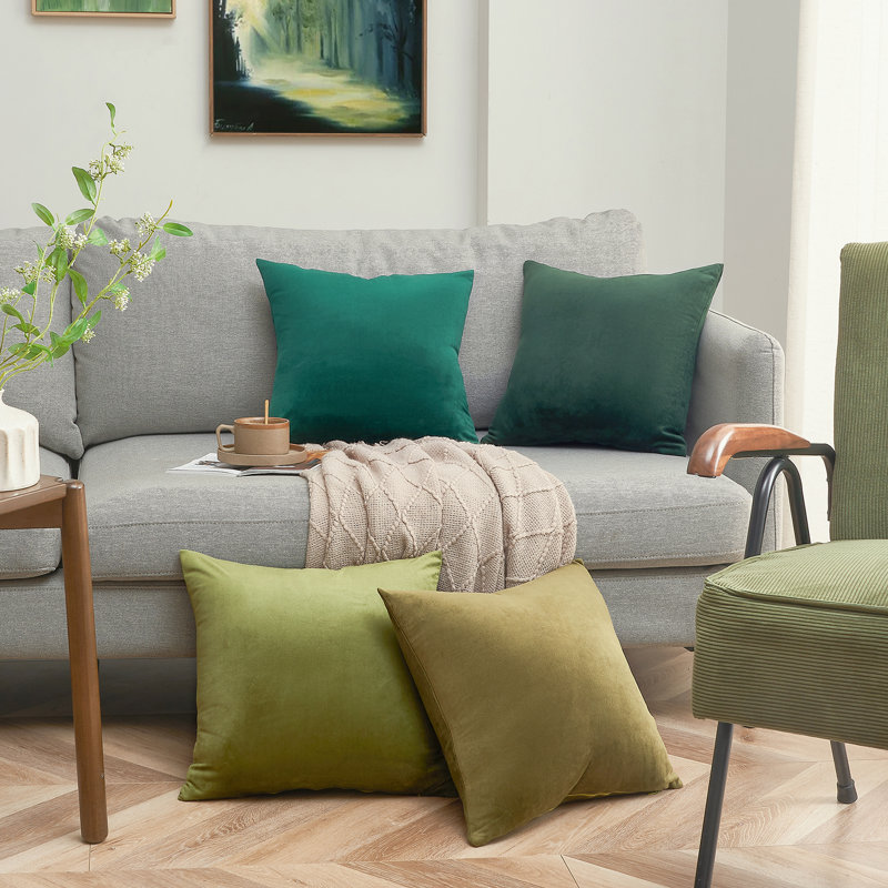 Ensemble de 4 coussins décoratifs en velours, couleurs contrastantes, Bleu, Carré 18 po