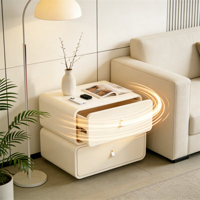 360° Swivel 2-Drawer Cream Nightstand – Compact Rotating Bedside Table with Quiet Glides for Bedroom