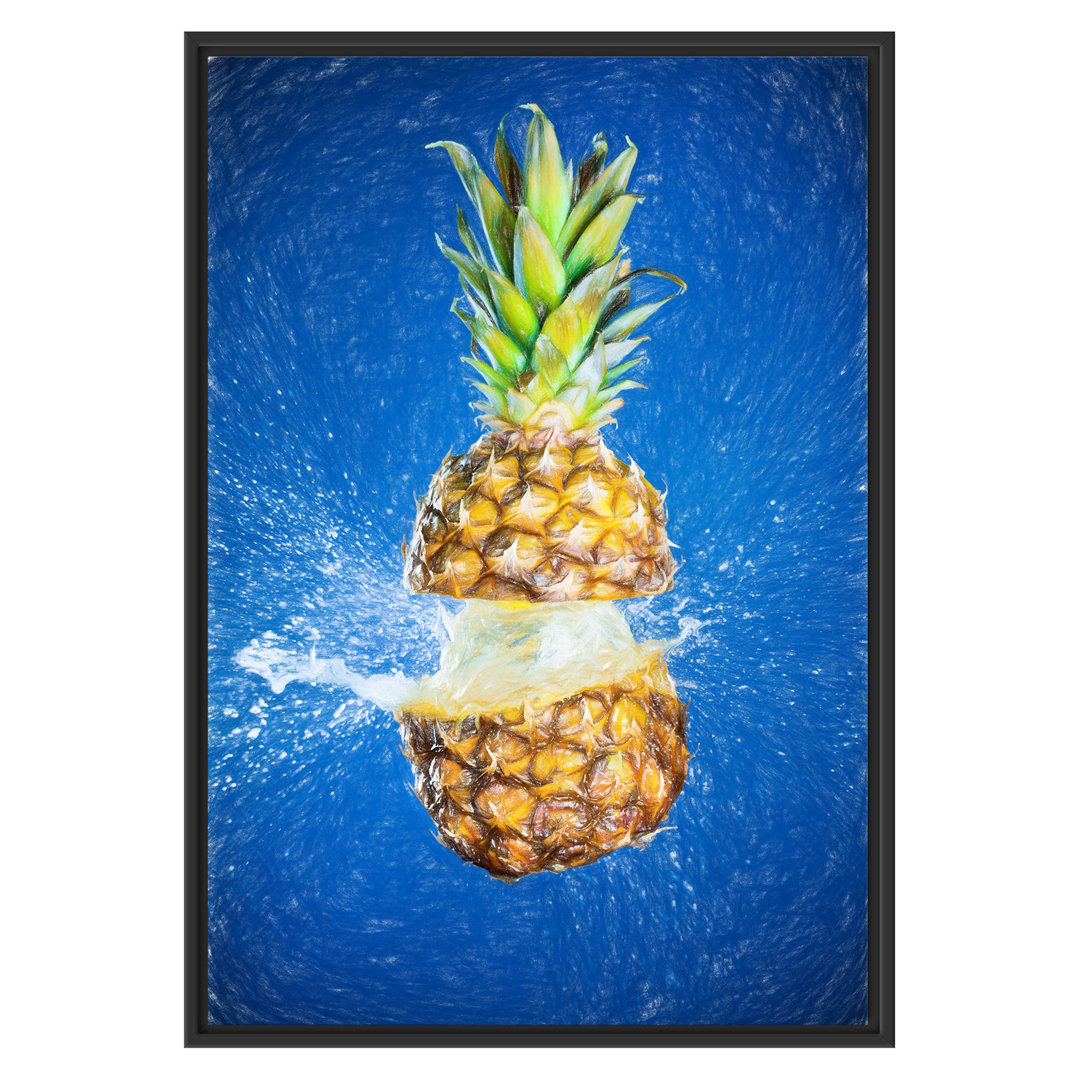 Gerahmtes Wandbild Ananas mit Wasser bespritzt