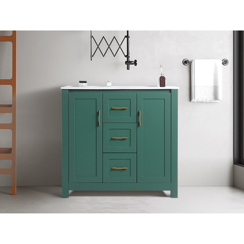 Meuble-lavabo 36 po avec lavabo en céramique, 2 portes et 2 armoires, fermeture en douceur, mobilier moderne, tiroir encastré 2 portes, fermeture, look