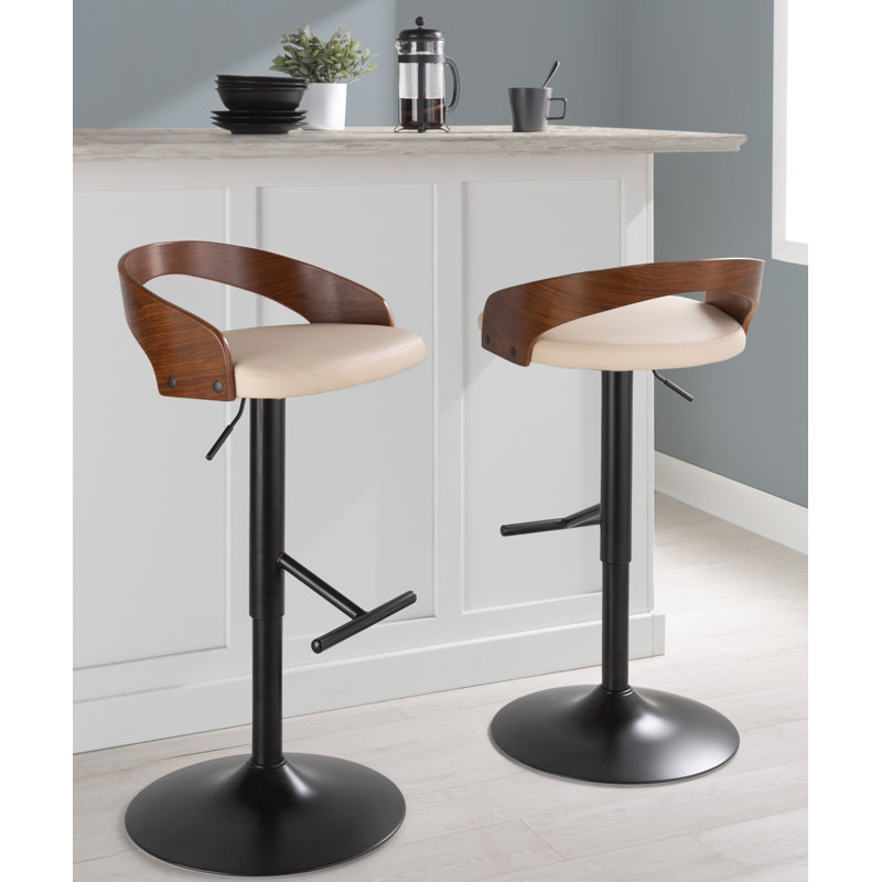 Cream Adjustable Swivel Bar Stool with Walnut Backrest