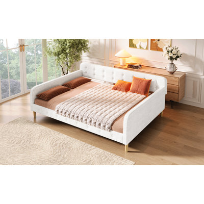 Lit de jour grand beige rembourré, 4 pieds, design moderne, assise et sommeil confortables, revêtement en lin de soutien facile à assembler, aucun sommier tapissier nécessaire