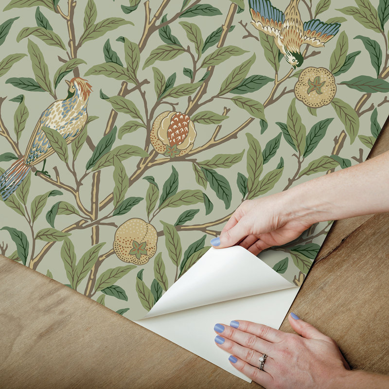 Papier peint auto-adhésif oiseaux et grenades Bayleaf and Forest, Vert