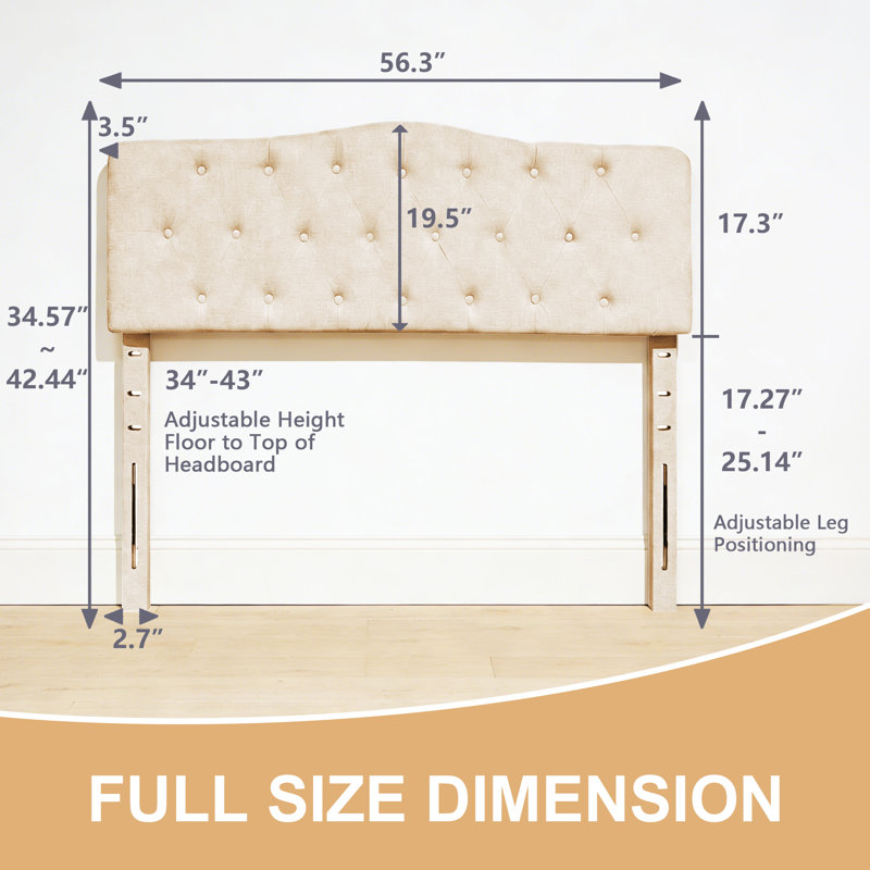 Linen Upholstered Headboard-Modern-Adjustable Height-Button Tufting, Beige, Full