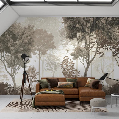 Papier peint forêt de forêt beige avec cerf - art mural paysage scandinave - pelez et collez ou option non tissé