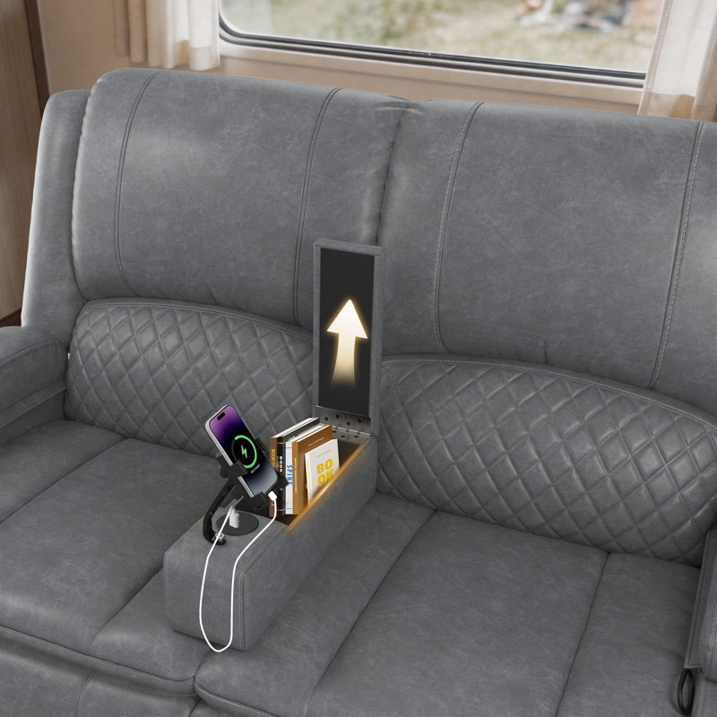 Faux Leather RV Manual Reclining Loveseat with USB Port, Cup Holders & Hidden Storage Console, Gray