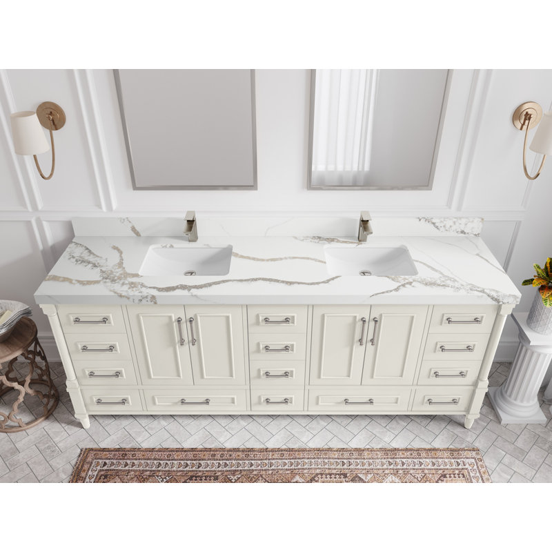 Aberdeen 84'' Double Bathroom Vanity with Quartz Top, Calacatta Gold, Alabaster