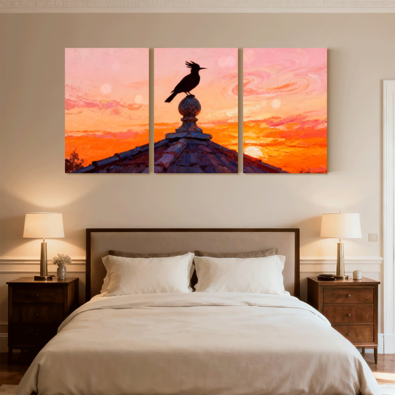 Oiseaux au coucher du soleil, H 18 po x l 36 po