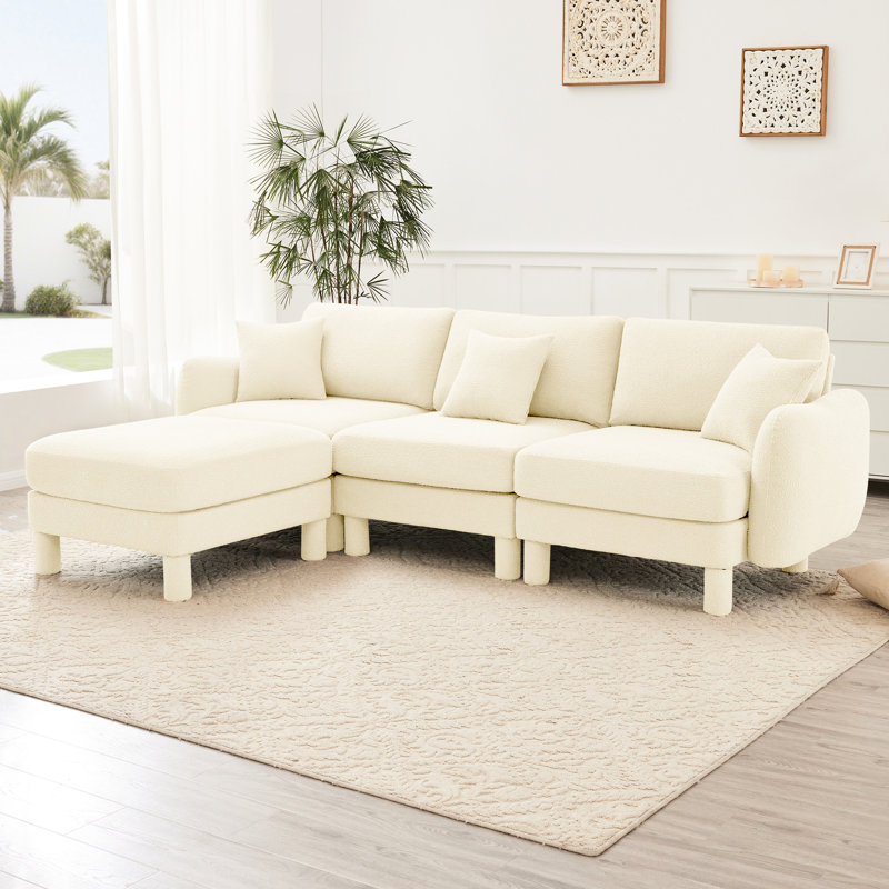 Boucle Fabric 3 Couch Convertible L Shape With Distinctive Shell-Shaped , Removable , And Cylindrical Legs Wrapped In Self, Beige, Modern Style For Office, Build, Soft Breathable Seating Foam Spring