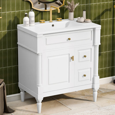 Meuble-lavabo de 30 po avec lavabo - autoportant, tiroir rabattable et tablette réglable, structure en bois d'hévéa massif, panneaux en MDF et poignées en métal, blanc - Mobilier de salle de bain