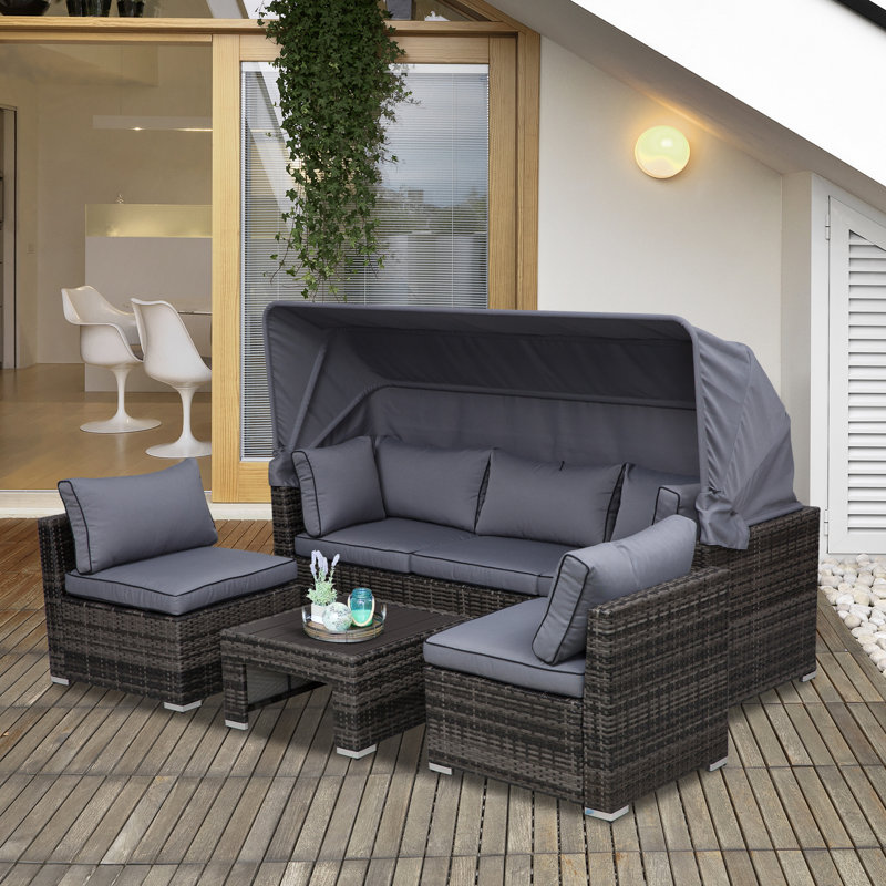 Ensemble de conversation modulaire en rotin 4 pièces avec coussins