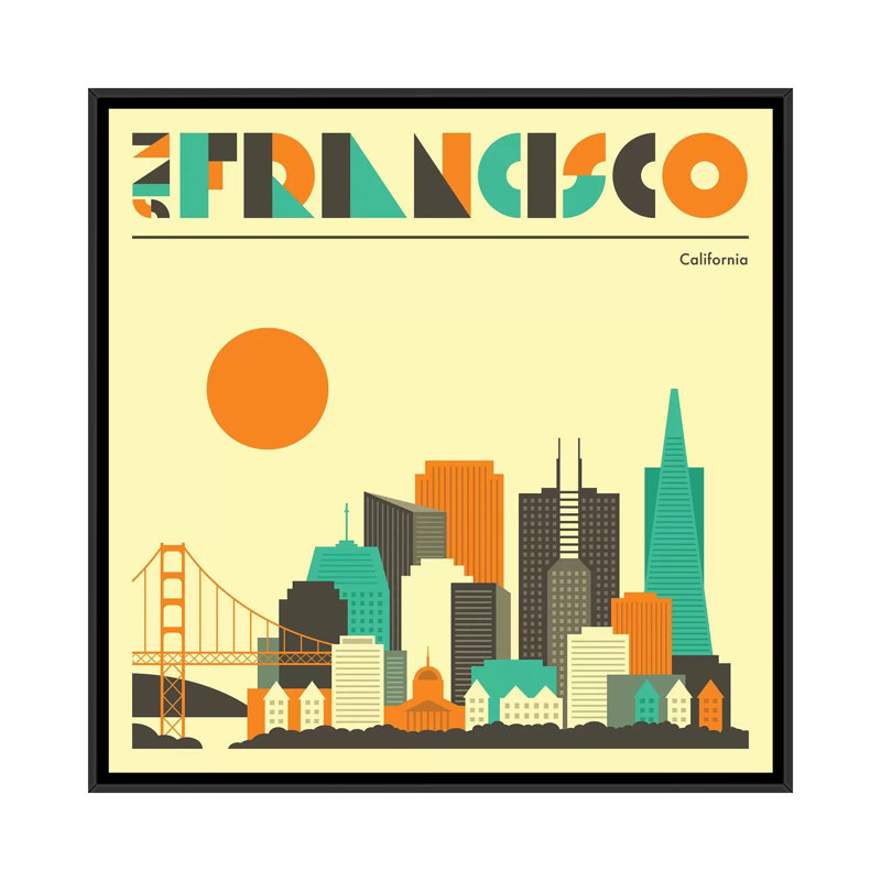 «San Francisco Skyline», reproduction d'impression sur toile, H 18 po x l 18 po x P 1,5 po, Toile avec cadre noir