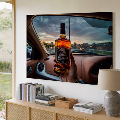 Canvas A Close Up Reveals A Hand Firmly Gripping A Bottle Wall Art Of Jack Daniel S Red Dog Saloon Tennessee Whiskey Positioned For Canvas Wall Art