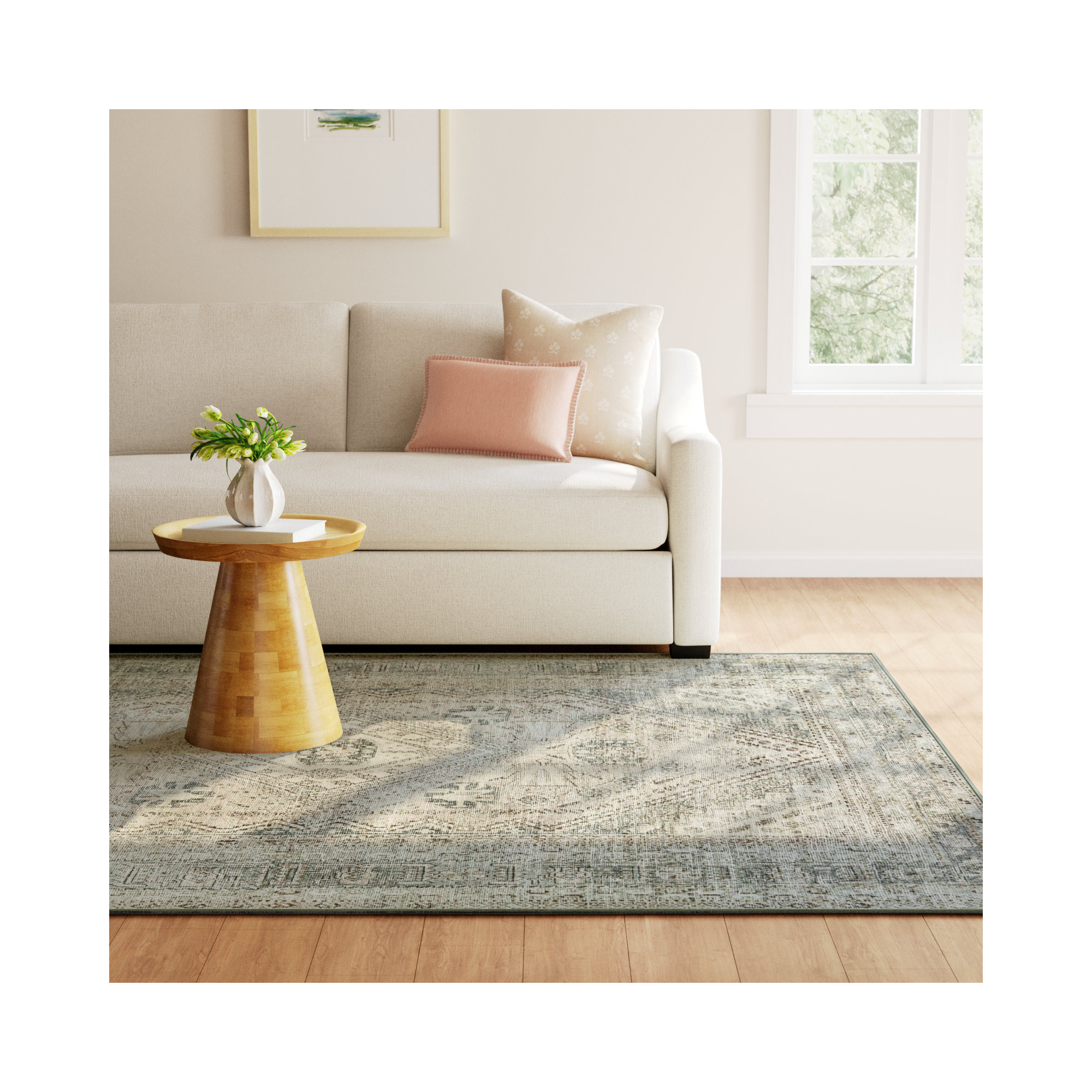 Magnolia Home By Joanna Gaines X Loloi Sinclair Machine Washable Natural / Sage Area Rug, Rectangle 5' x 7'