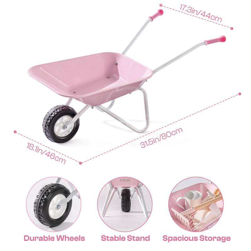 Kids Wheelbarrow With Gardening Tools Set-9pcs Metal, Rose