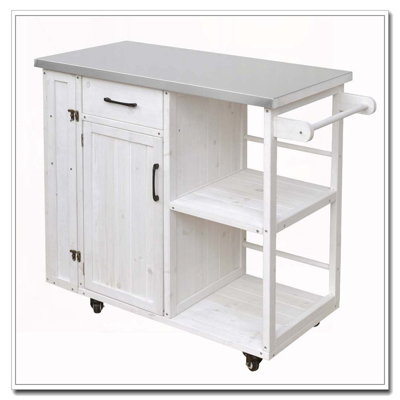 Outdoor Kitchen Island Fir Wood Prep Station Lockable Kitchen Cart with Stainless Top, Ample Storage Space, White