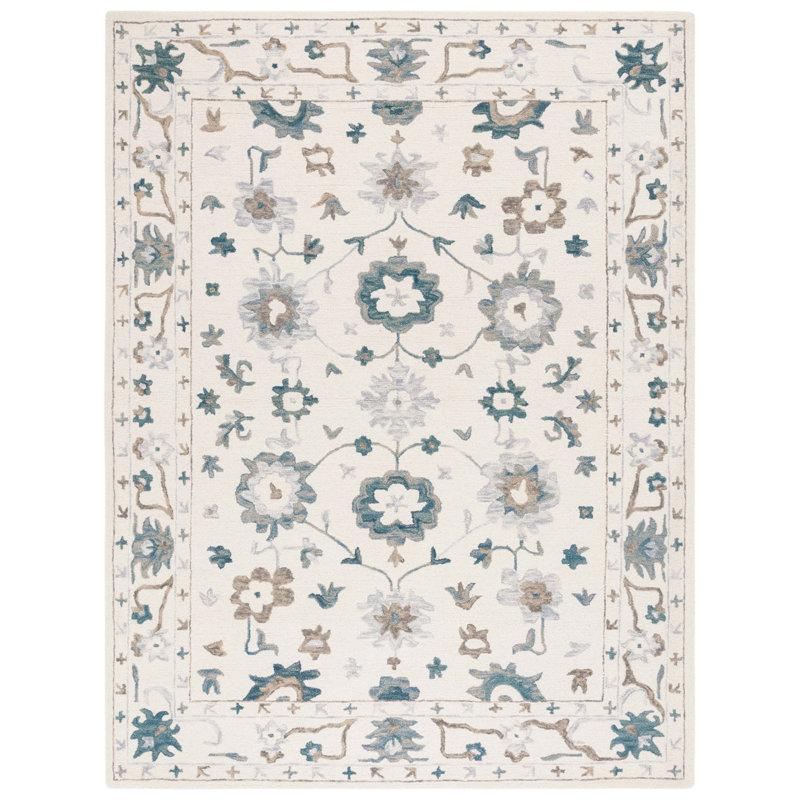 Malbora Hand Tufted Wool/Cotton Oriental Rug in Ivory/Blue, Rectangle 8" x 10"