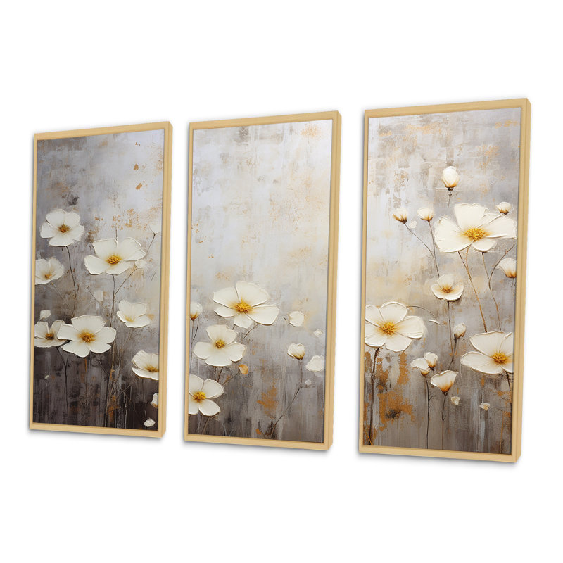 «Elegant Beige and Grey Buttercups Meadow I», ensemble d'art mural sur toile Buttercups, H 28 po x l 36 po x P 1 po