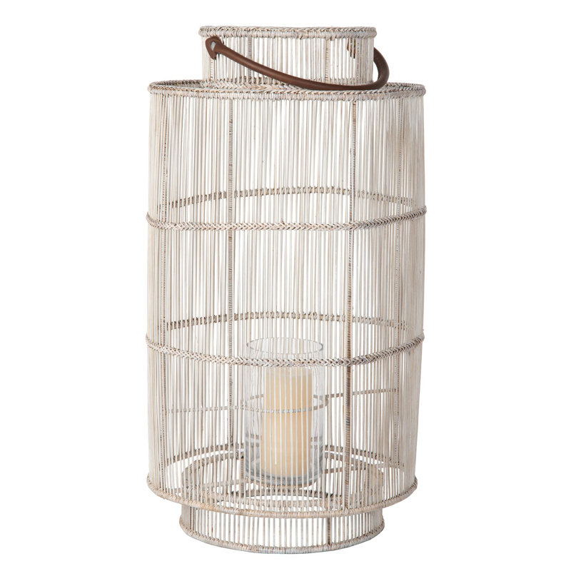 Lanterne de table en rotin Foltz, H 17 po x l 12 po x P 12 po, Blanc délavé