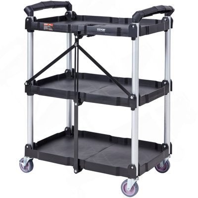 Chariot de service pliable, chariot à roulettes en plastique robuste à 3 tablettes 165LBS avec roues verrouillables, poignée ergonomique, chariot à outils de garage portatif pour entrepôt / bureau / maison (25,62 po x 15,43 po x 32,76 po)