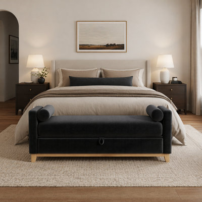 Banc de rangement en sherpa noir de 66 pouces avec pieds en bois massif et 2 traversins, banc de bout multifonctionnel pour la chambre à coucher, le salon et le vestibule