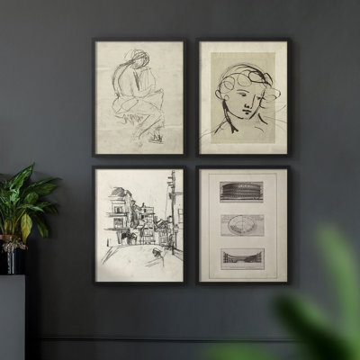 Croquis rétro CIV, ensemble de 4 reproductions encadrées