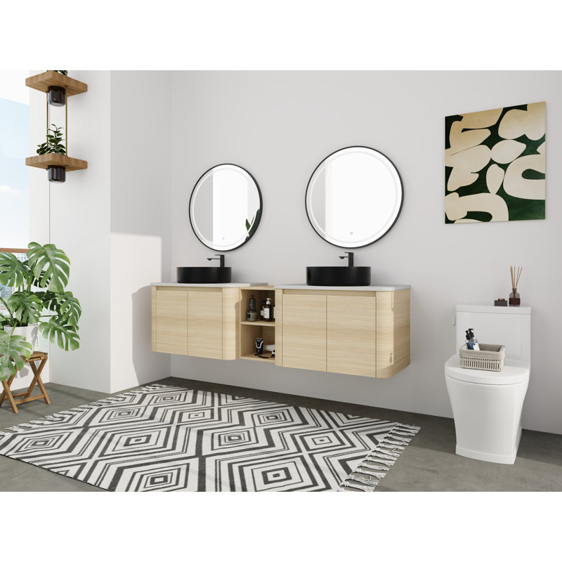 Meuble-lavabo mural 72 po à double cuve - 5 options de couleur de cuve (motifs blanc / noir / marbre) + armoire en bois clair et tablette centrale ouverte (type A)