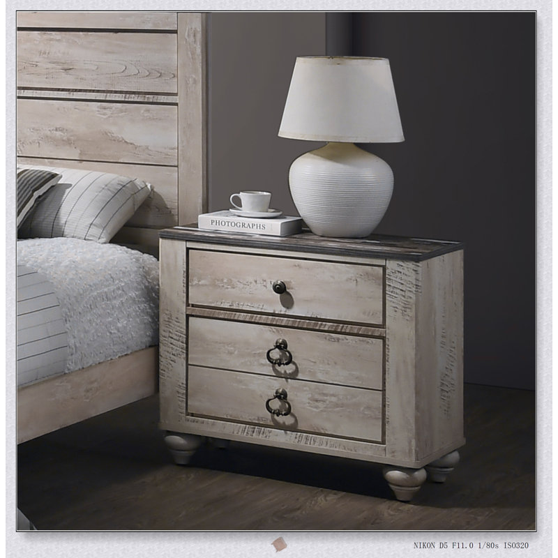 Imerland Contemporary Patched Wood Top 3-Drawer Nightstand with Antique Brown Finish, Perfect for Urban Chic Bedrooms