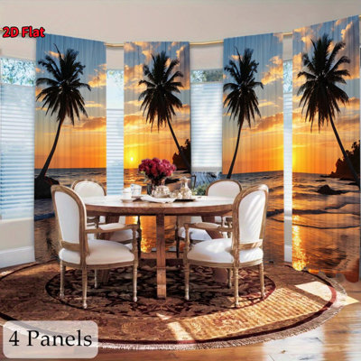 4Pcs Tropical Sunset Ocean Palm Trees, Room Darkening Window Curtains for Privacy, Living Bedroom Kitchen Home Decor, Rod Pocket Installation, Digital Print