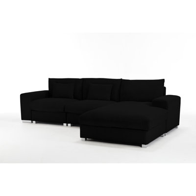 Luxe en forme de L à 3 places, flanelle noire, structure en bois massif, assise moelleuse, sans dossier, accoudoirs carrés, teinte et style nordique polyvalent avec tissu sans dossier en bois, parfait pour les réunions entre amis en famille