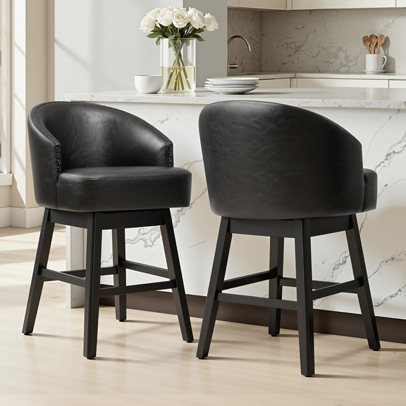 Swivel 26.4'' Faux Leather Counter Stool with Solid Wood Legs, Gray, Counter Stool (26.4" Seat Height)
