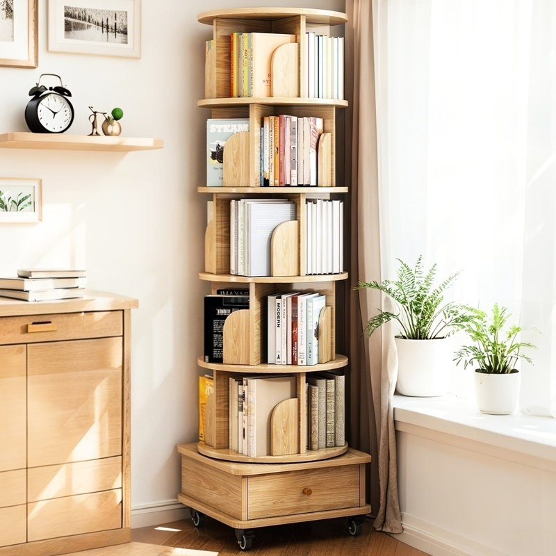 Bibliothèque 360 ° avec roulettes, tiroir, 6 niveaux, couleur bois, présentoir à cubes verticaux pour espace de bureau rond, couleur