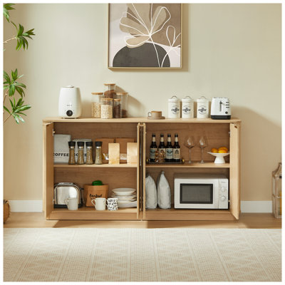 Buffet 63 po à rayures verticales en chêne avec motif ondulé courbé, meuble télé de style Mid-Century moderne pour le salon et la chambre à coucher